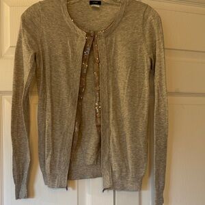 J. Crew Light Gray Cardigan withTaupe Sequin-Trim
